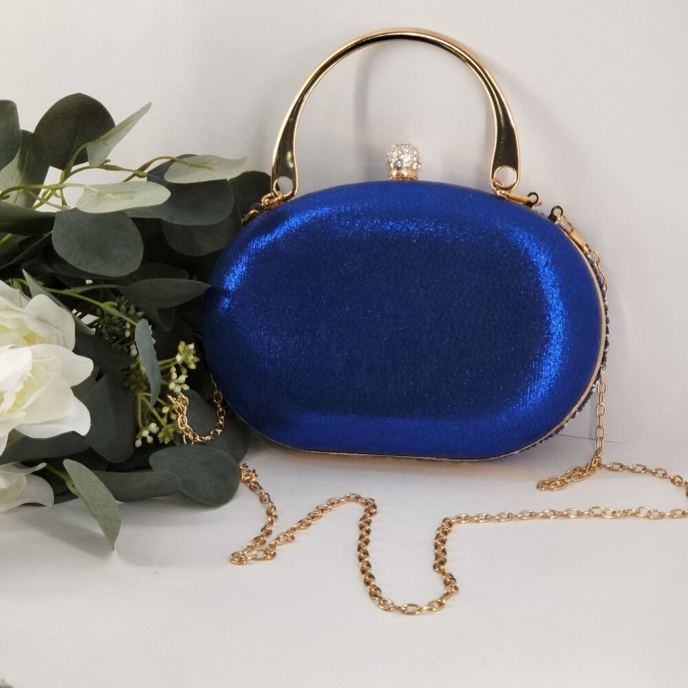 Blue Crystal Embellished Evening Clutch Bag Gold Handle & Chain Strap By RAMLA! - Picture 4 of 11
